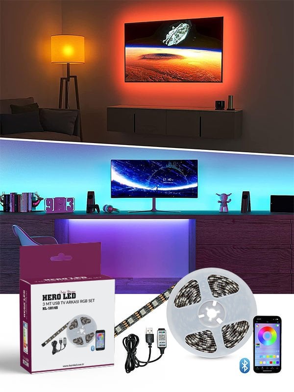 3 Mt USB TV Monitör Arkası Bluetooth Rgb Şerit Led Set 16 Renkli Dekoratif Aydınlatma