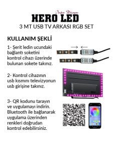 3 Mt USB TV Monitör Arkası Bluetooth Rgb Şerit Led Set 16 Renkli Dekoratif Aydınlatma