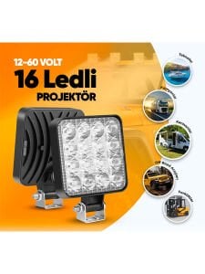 12-60 Volt 16 Ledli Projektör Tekne, Karavan, Off Road Sis Farı Lambası Geri Vites Lambası